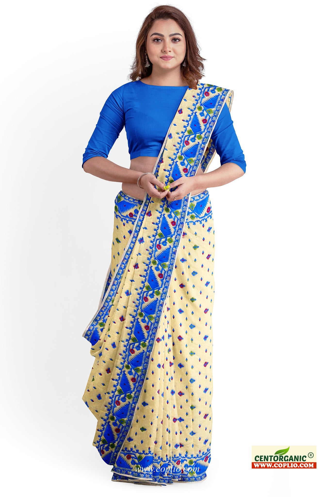 Dhakai Soft Jamdani Bengal saree for women ivory and blue colour combination, All Over Weaving Korat Design
