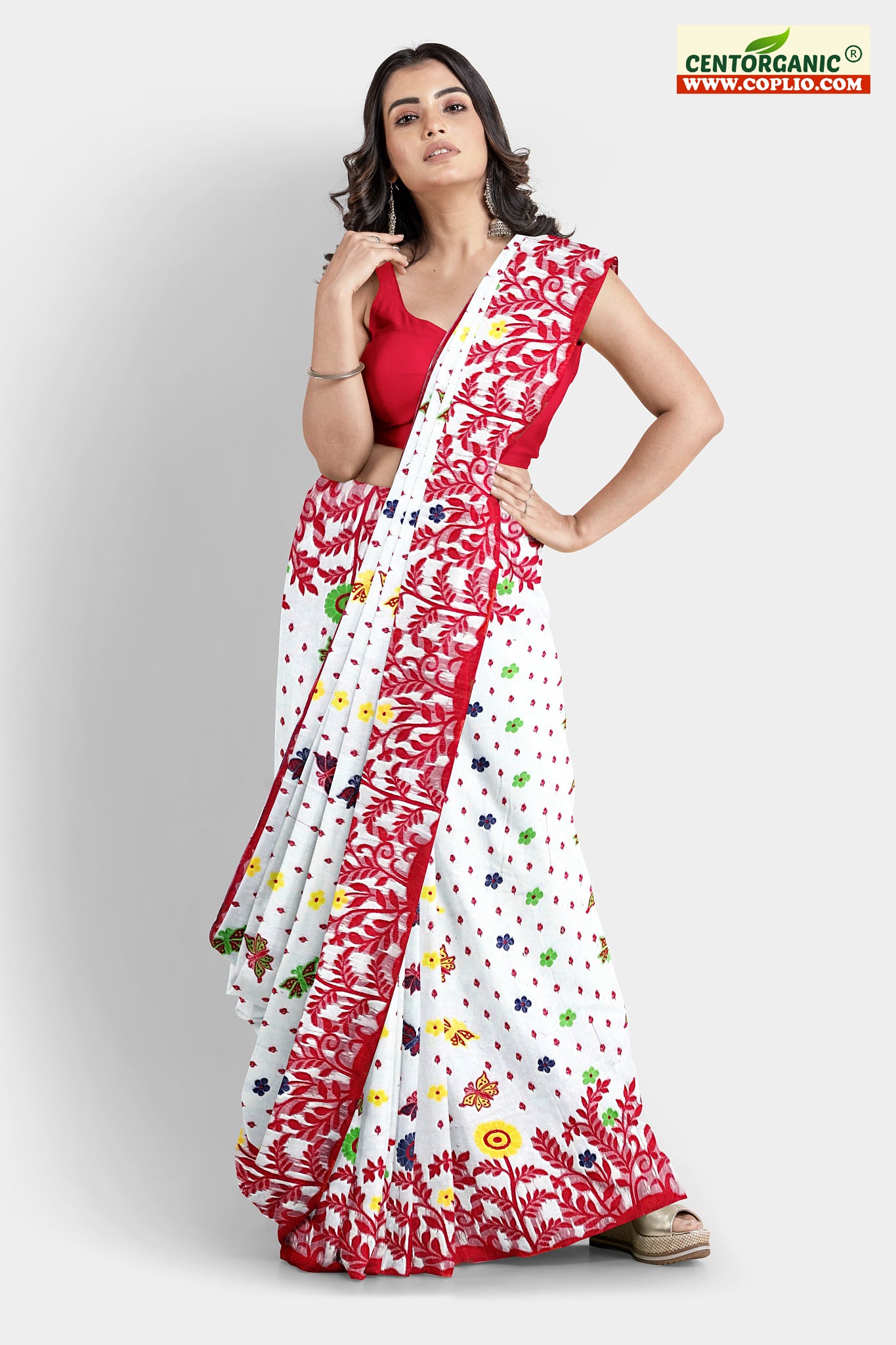Dhakai Soft Jamdani Bengal saree for women White and Red Combination, All over Floral Design