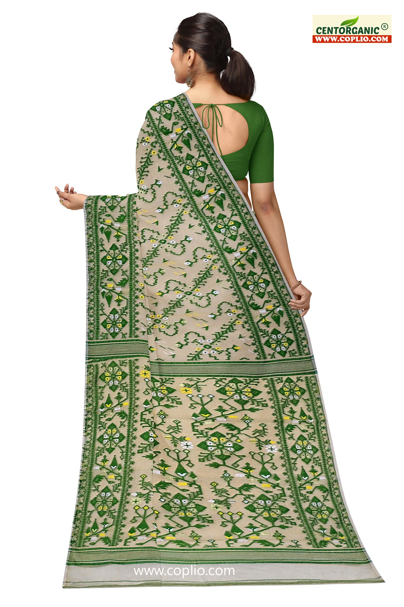 Dhakai Soft Jamdani Bengal saree for women Ivory and Green Combination, All over Floral Design