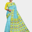 Dhakai Soft Jamdani Bengal saree for women Sky blue and Yellow Combination, All over Traditional Korat Design