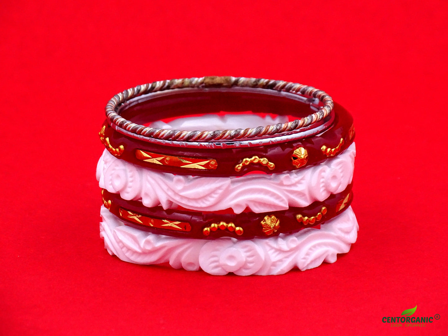 Centorganic sakha pola bangles for women, one pair each of sakha, red pola and iron noa, with free wooden jewellery box. (Design code: CSBM36)