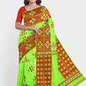 Dhakai Soft Jamdani Bengal saree for women Light Green and Red Combination, All over red thread Design