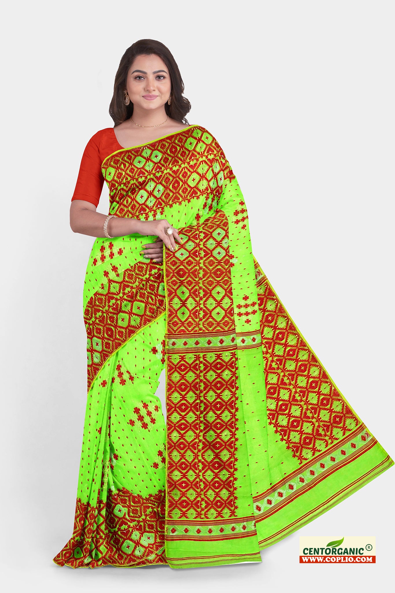Dhakai Soft Jamdani Bengal saree for women Light Green and Red Combination, All over red thread Design