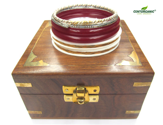 Centorganic sankha pola bangles for women, 1 pair of original sankha and red pola, 1 Sabitri and Iron noa, with free wooden jewellery box. (Design code: CSBM21)