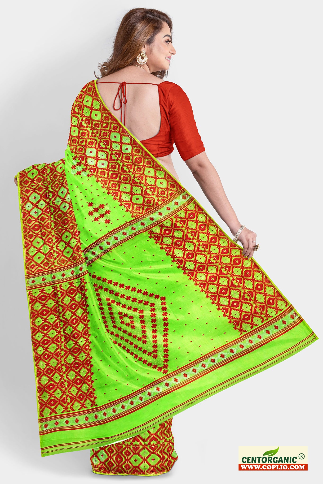 Dhakai Soft Jamdani Bengal saree for women Light Green and Red Combination, All over red thread Design