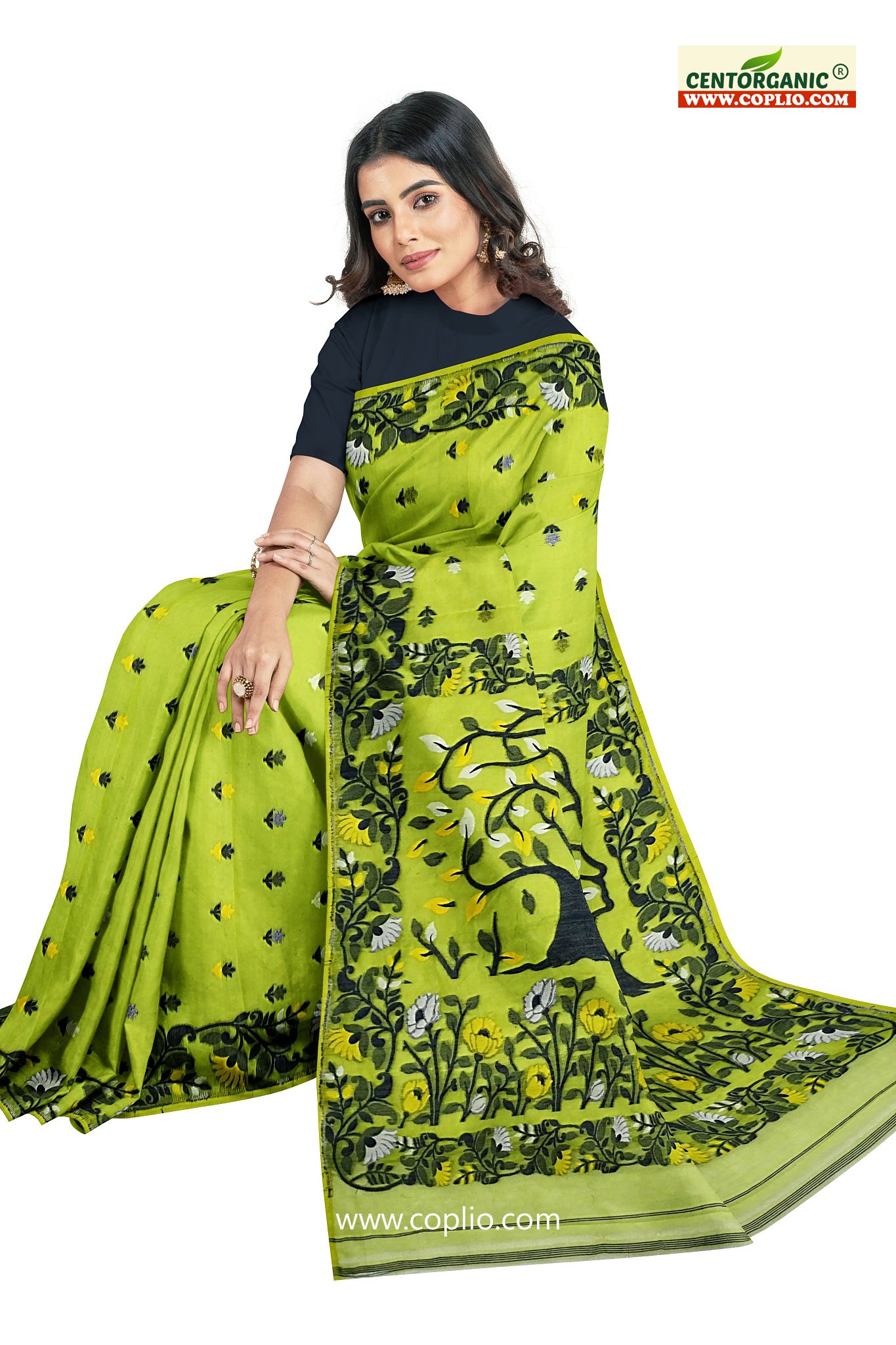 Dhakai Soft Jamdani Bengal saree for women Green Colour, All Over Weaving Botgach Design