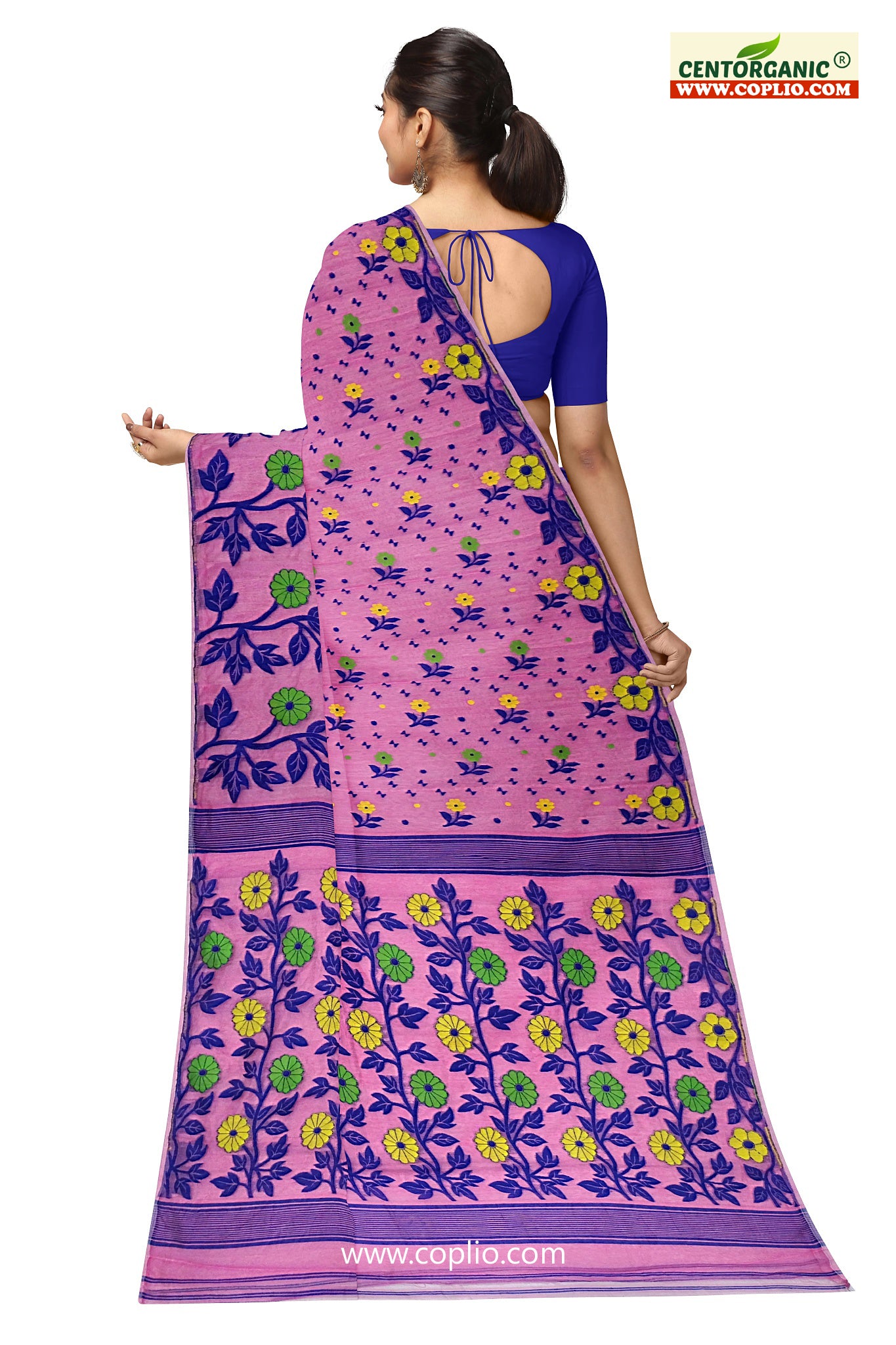 Dhakai Soft Jamdani Bengal saree for women Pink and Blue Combination, All Over Weaving Floral Design.