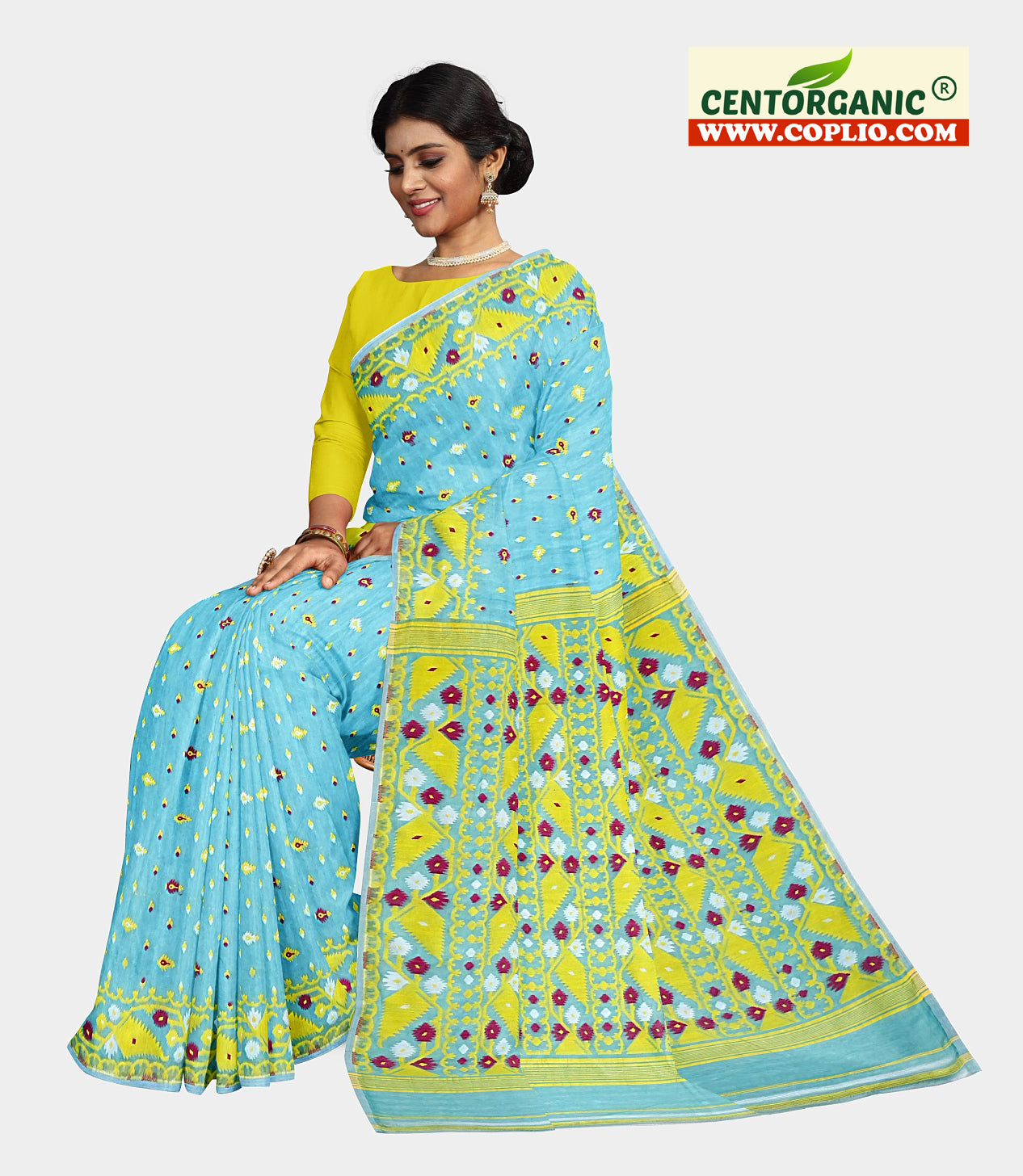 Dhakai Soft Jamdani Bengal saree for women Sky blue and Yellow Combination, All over Traditional Korat Design