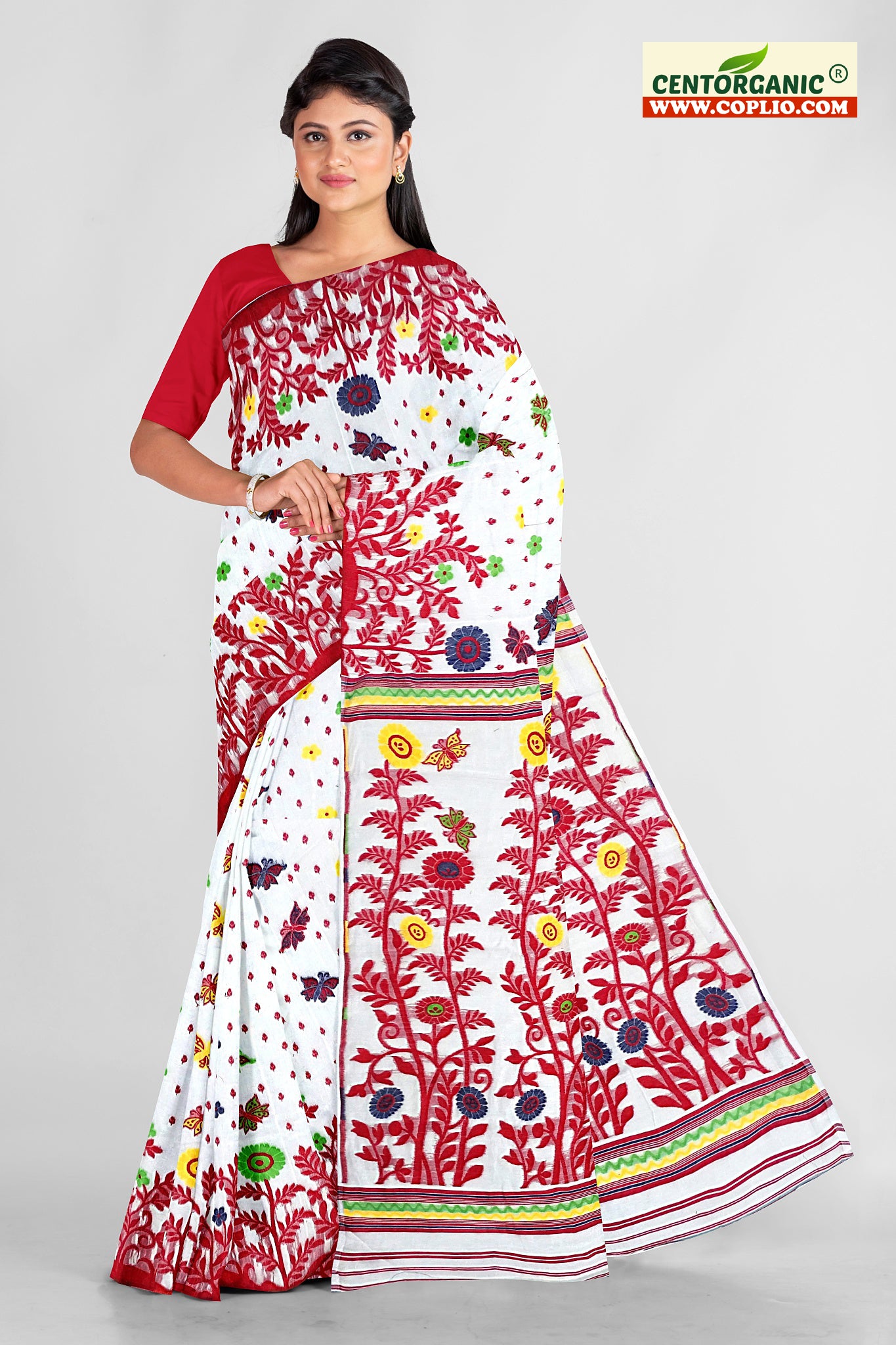 Dhakai Soft Jamdani Bengal saree for women White and Red Combination, All over Floral Design