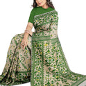 Dhakai Soft Jamdani Bengal saree for women Ivory and Green Combination, All over Floral Design