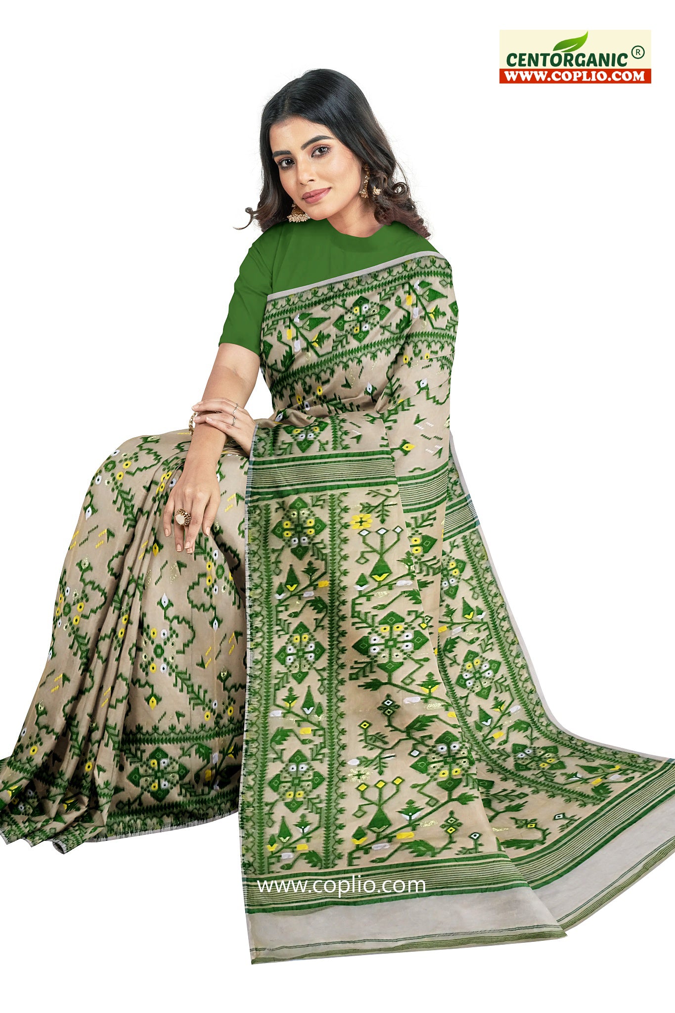 Dhakai Soft Jamdani Bengal saree for women Ivory and Green Combination, All over Floral Design