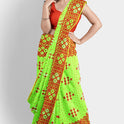 Dhakai Soft Jamdani Bengal saree for women Light Green and Red Combination, All over red thread Design