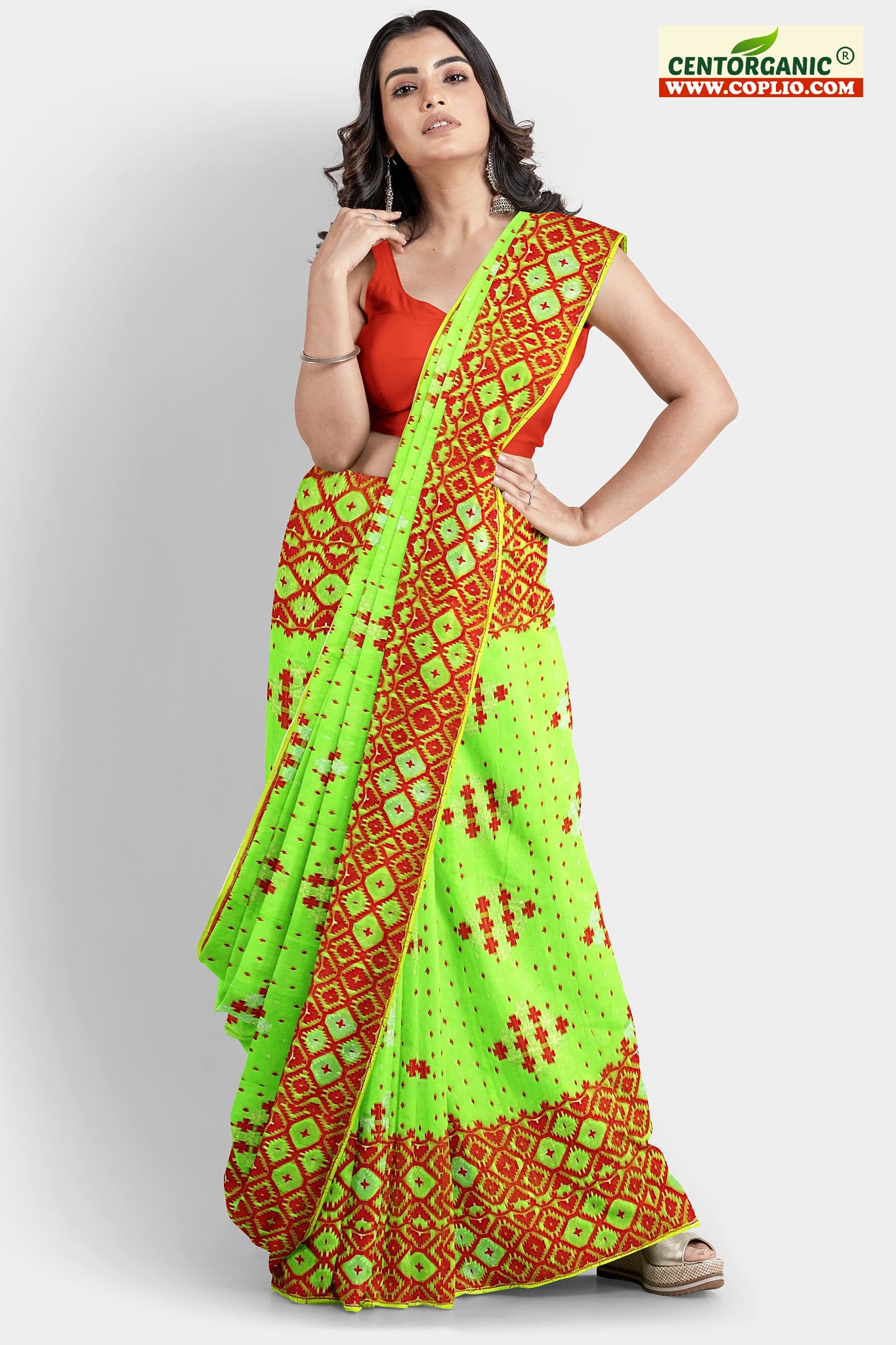 Dhakai Soft Jamdani Bengal saree for women Light Green and Red Combination, All over red thread Design