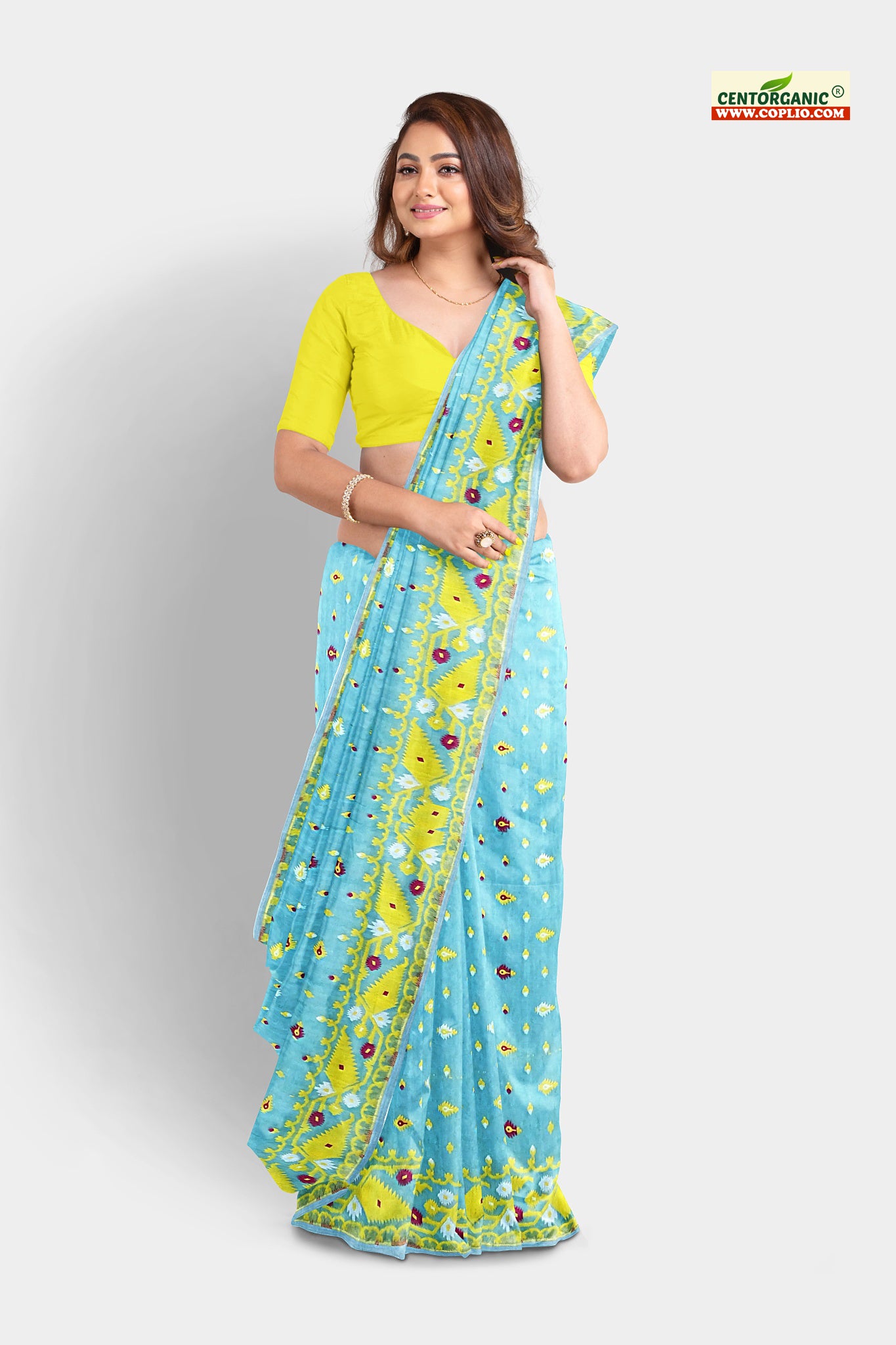 Dhakai Soft Jamdani Bengal saree for women Sky blue and Yellow Combination, All over Traditional Korat Design