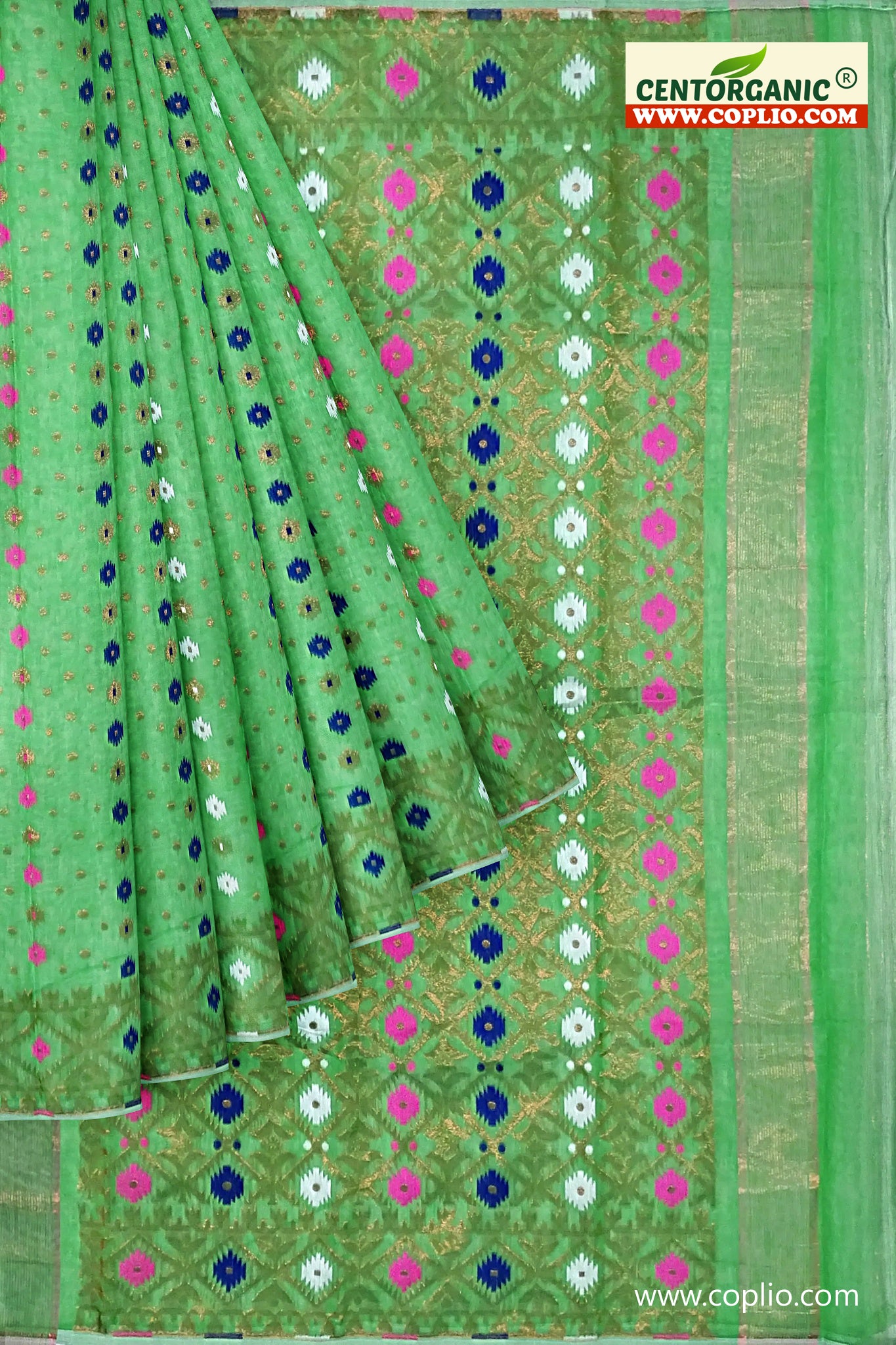 Dhakai Soft Jamdani Bengal saree for women Green Colour with Copper Zari, All Over Weaving Design