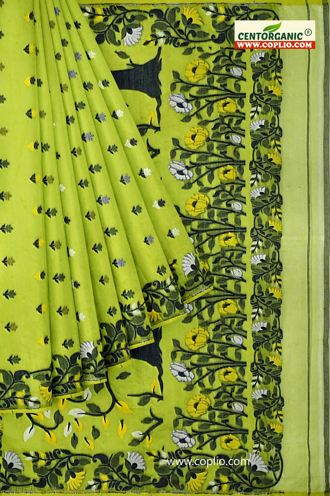 Dhakai Soft Jamdani Bengal saree for women Green Colour, All Over Weaving Botgach Design