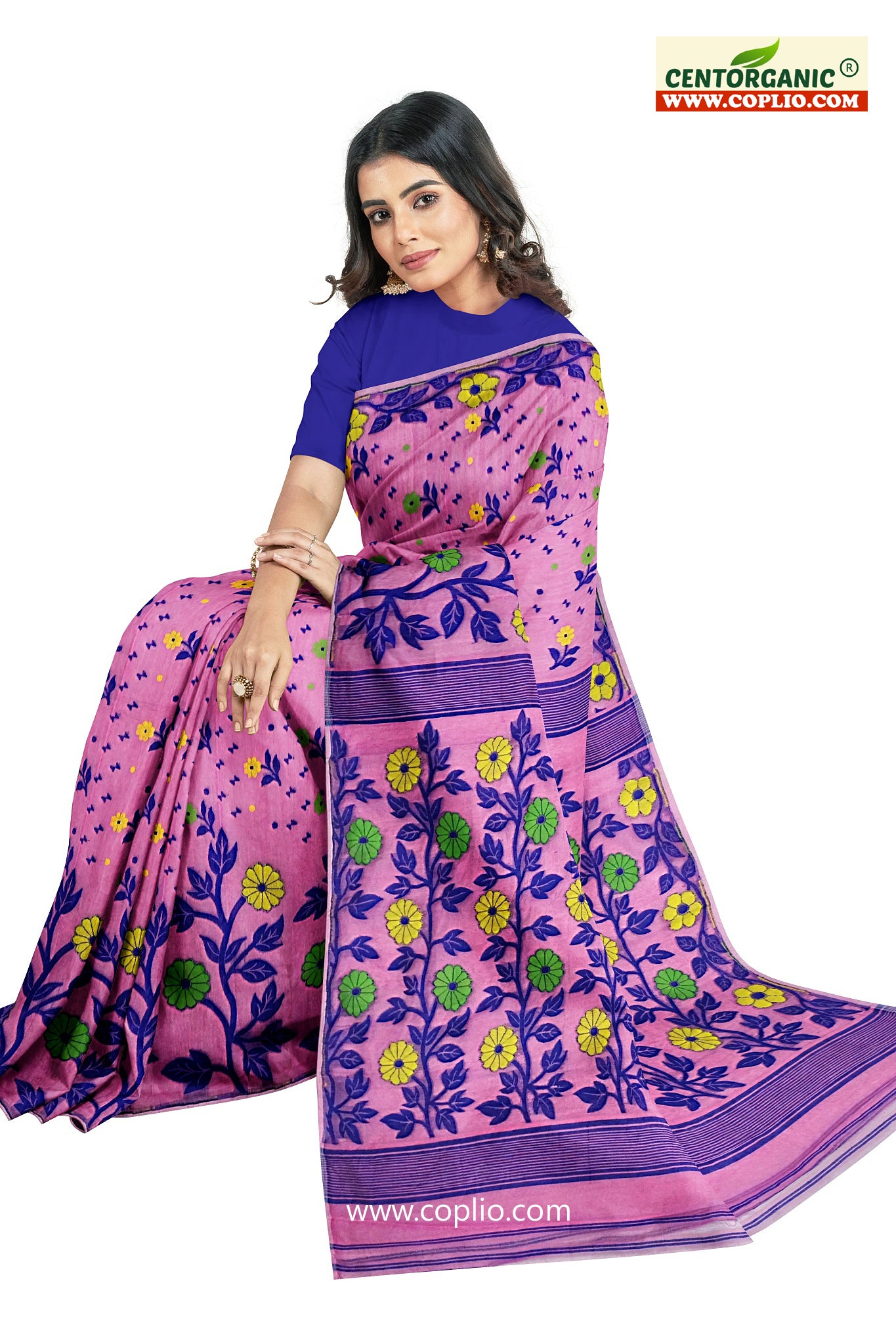 Dhakai Soft Jamdani Bengal saree for women Pink and Blue Combination, All Over Weaving Floral Design.
