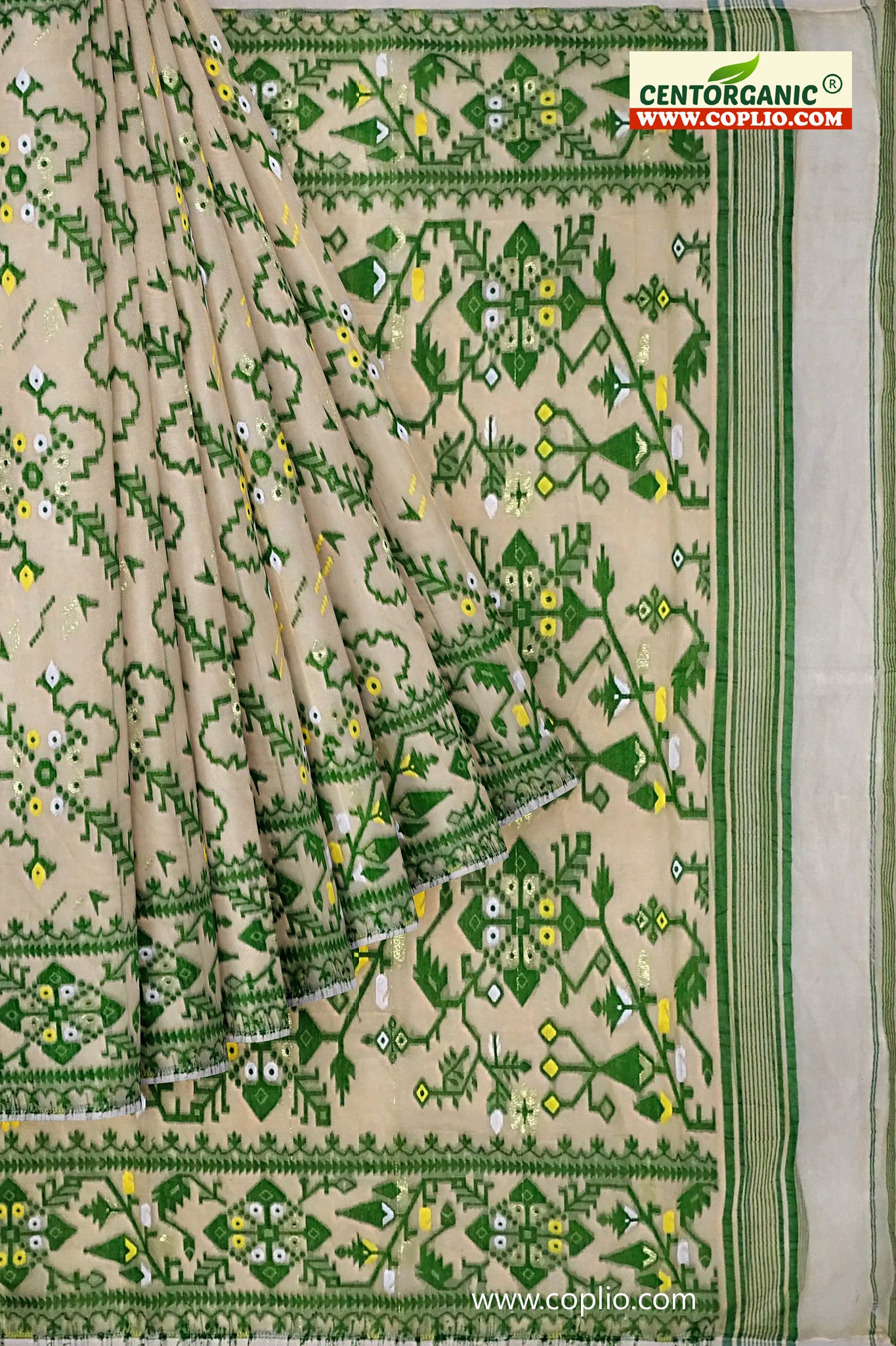 Dhakai Soft Jamdani Bengal saree for women Ivory and Green Combination, All over Floral Design