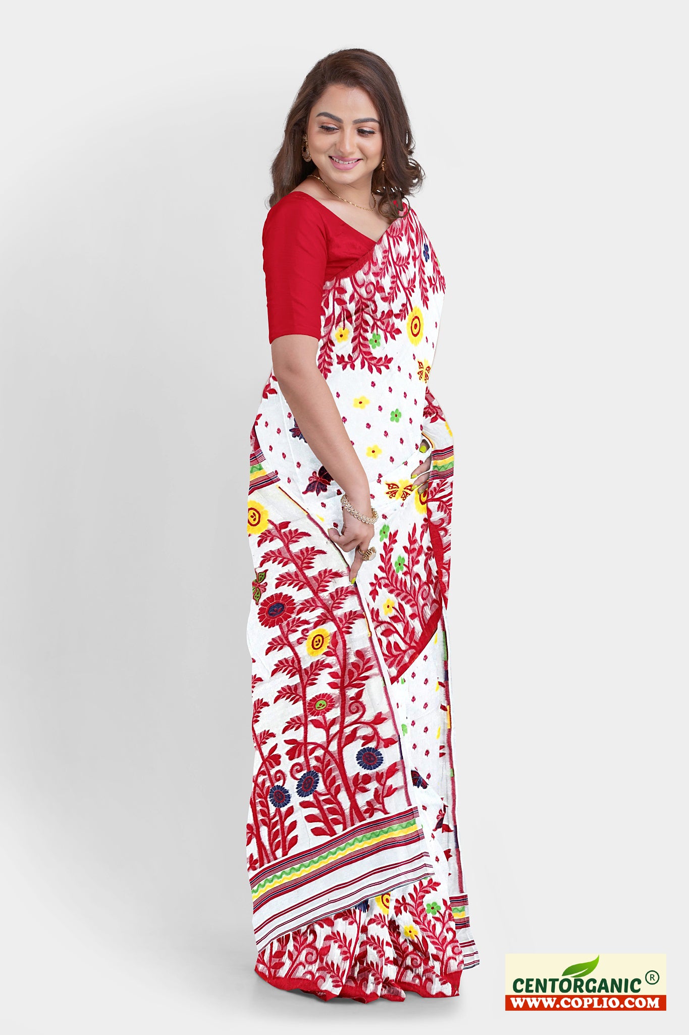 Dhakai Soft Jamdani Bengal saree for women White and Red Combination, All over Floral Design
