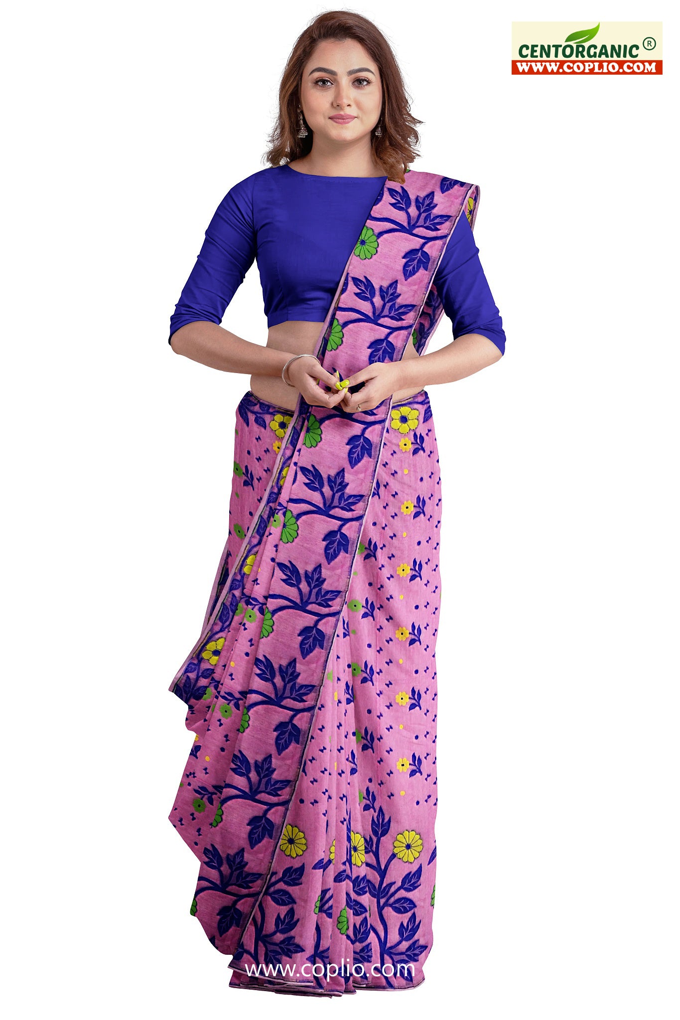 Dhakai Soft Jamdani Bengal saree for women Pink and Blue Combination, All Over Weaving Floral Design.
