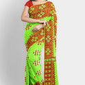 Dhakai Soft Jamdani Bengal saree for women Light Green and Red Combination, All over red thread Design