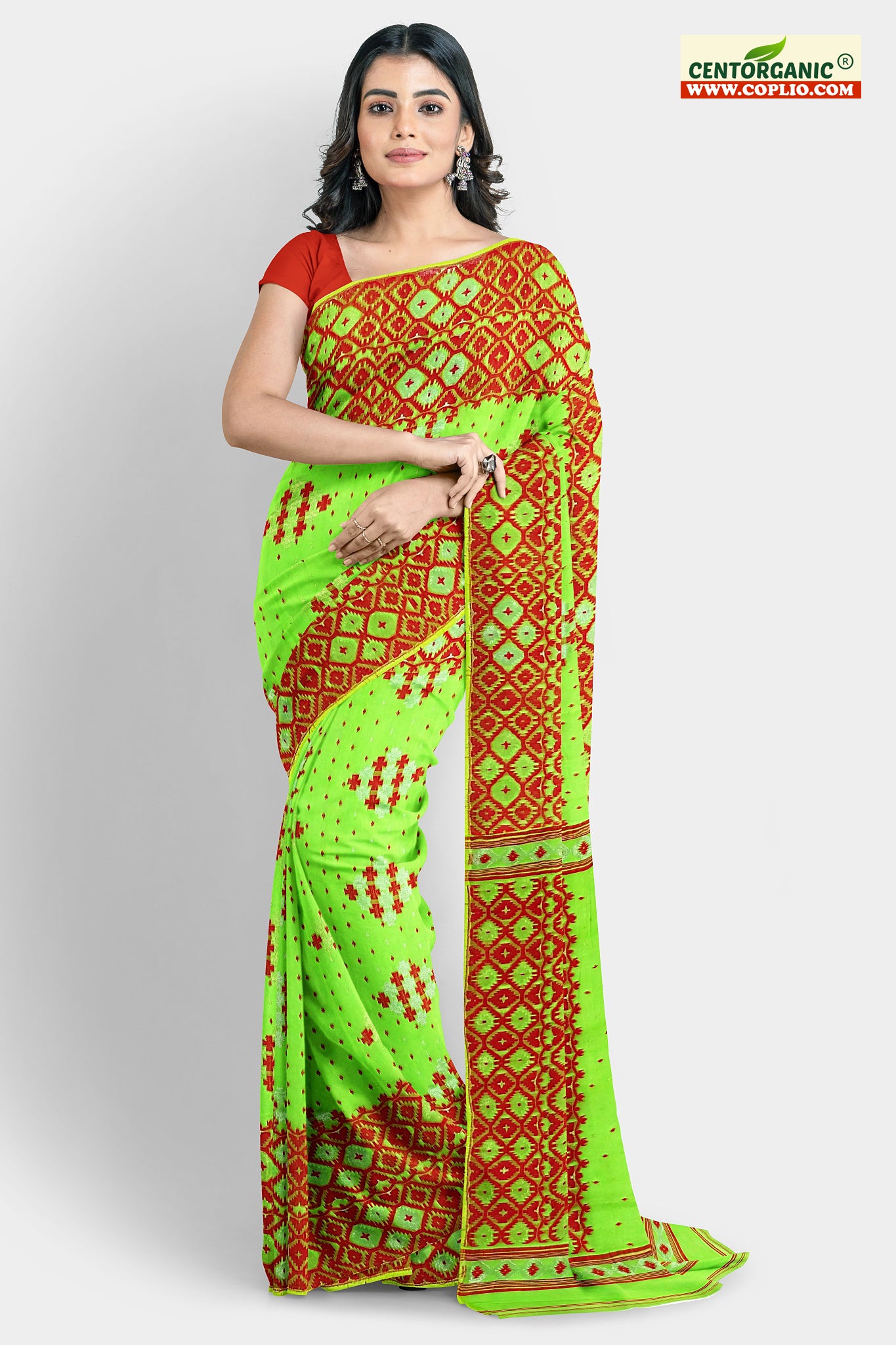 Dhakai Soft Jamdani Bengal saree for women Light Green and Red Combination, All over red thread Design