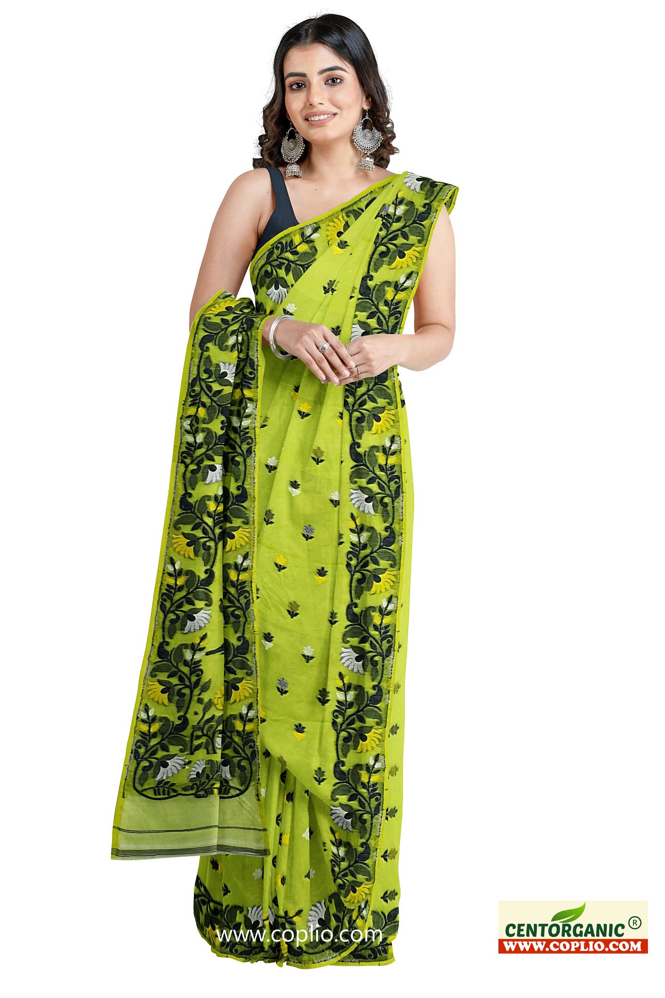 Dhakai Soft Jamdani Bengal saree for women Green Colour, All Over Weaving Botgach Design
