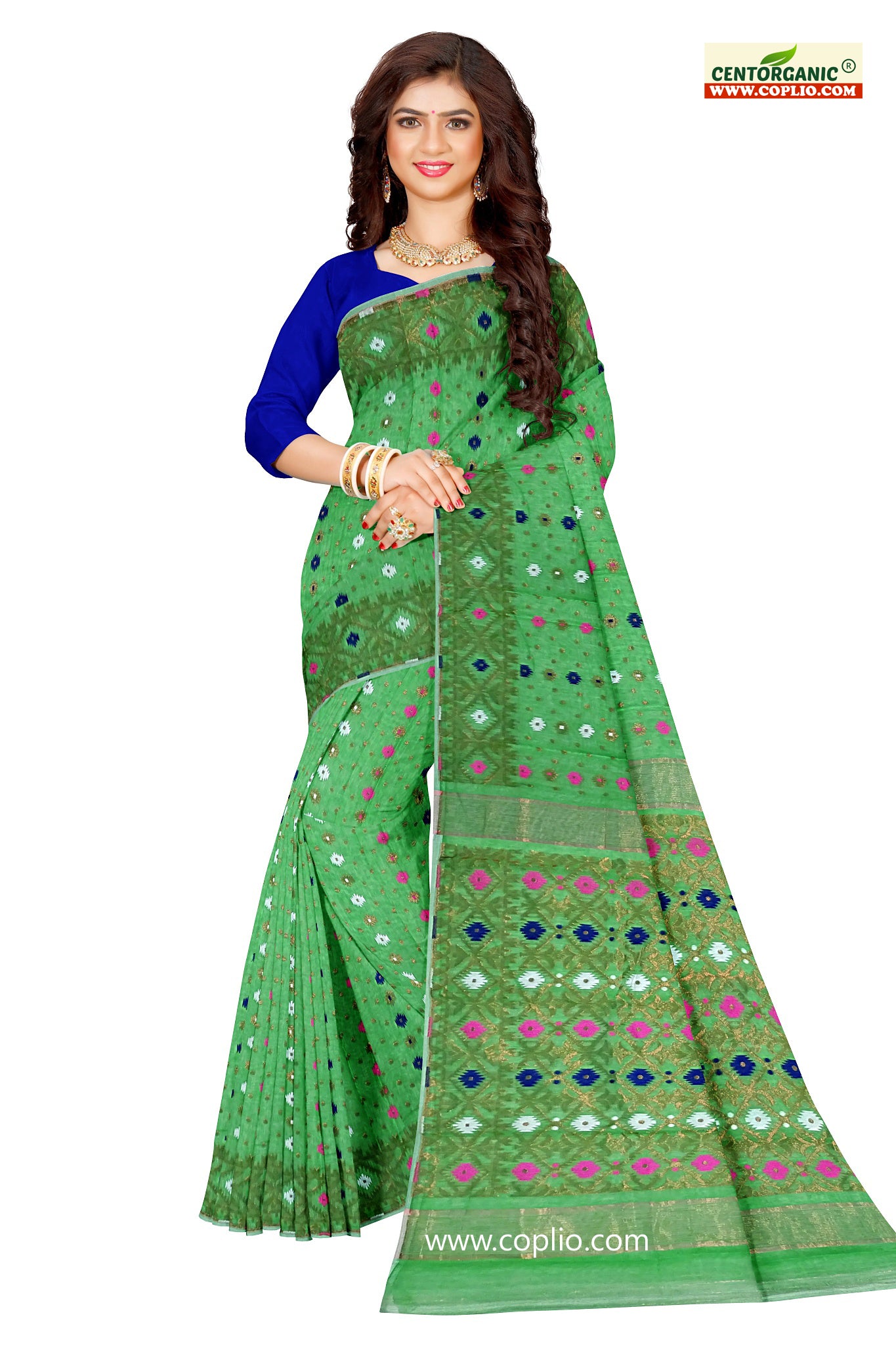 Dhakai Soft Jamdani Bengal saree for women Green Colour with Copper Zari, All Over Weaving Design
