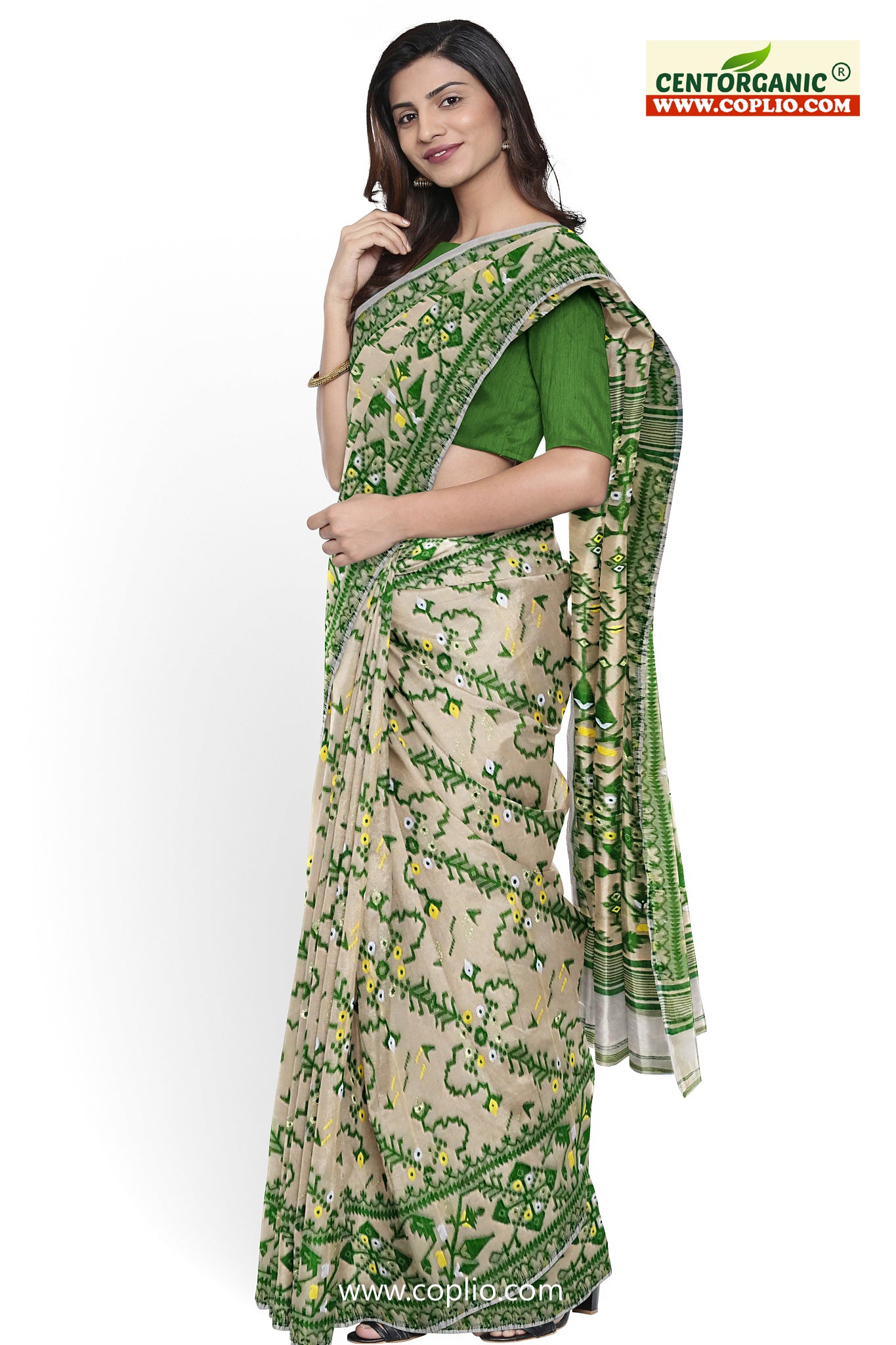 Dhakai Soft Jamdani Bengal saree for women Ivory and Green Combination, All over Floral Design