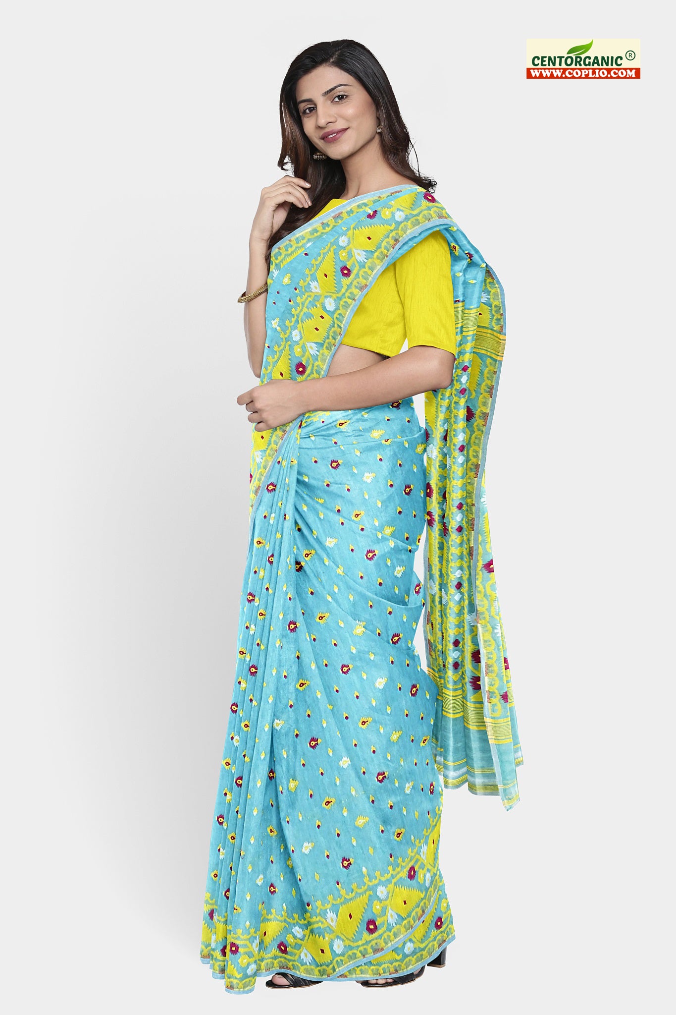 Dhakai Soft Jamdani Bengal saree for women Sky blue and Yellow Combination, All over Traditional Korat Design
