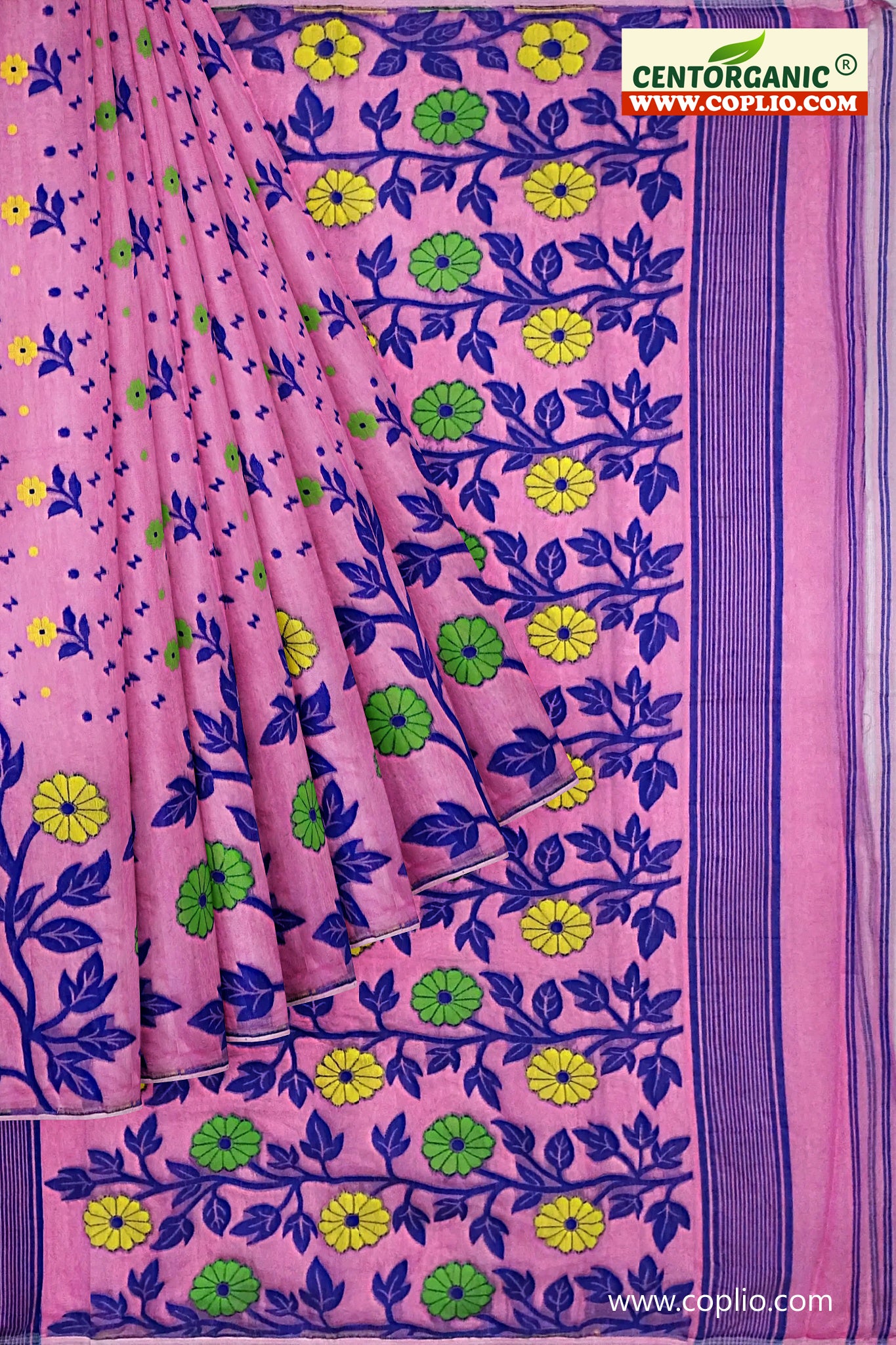 Dhakai Soft Jamdani Bengal saree for women Pink and Blue Combination, All Over Weaving Floral Design.