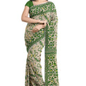 Dhakai Soft Jamdani Bengal saree for women Ivory and Green Combination, All over Floral Design