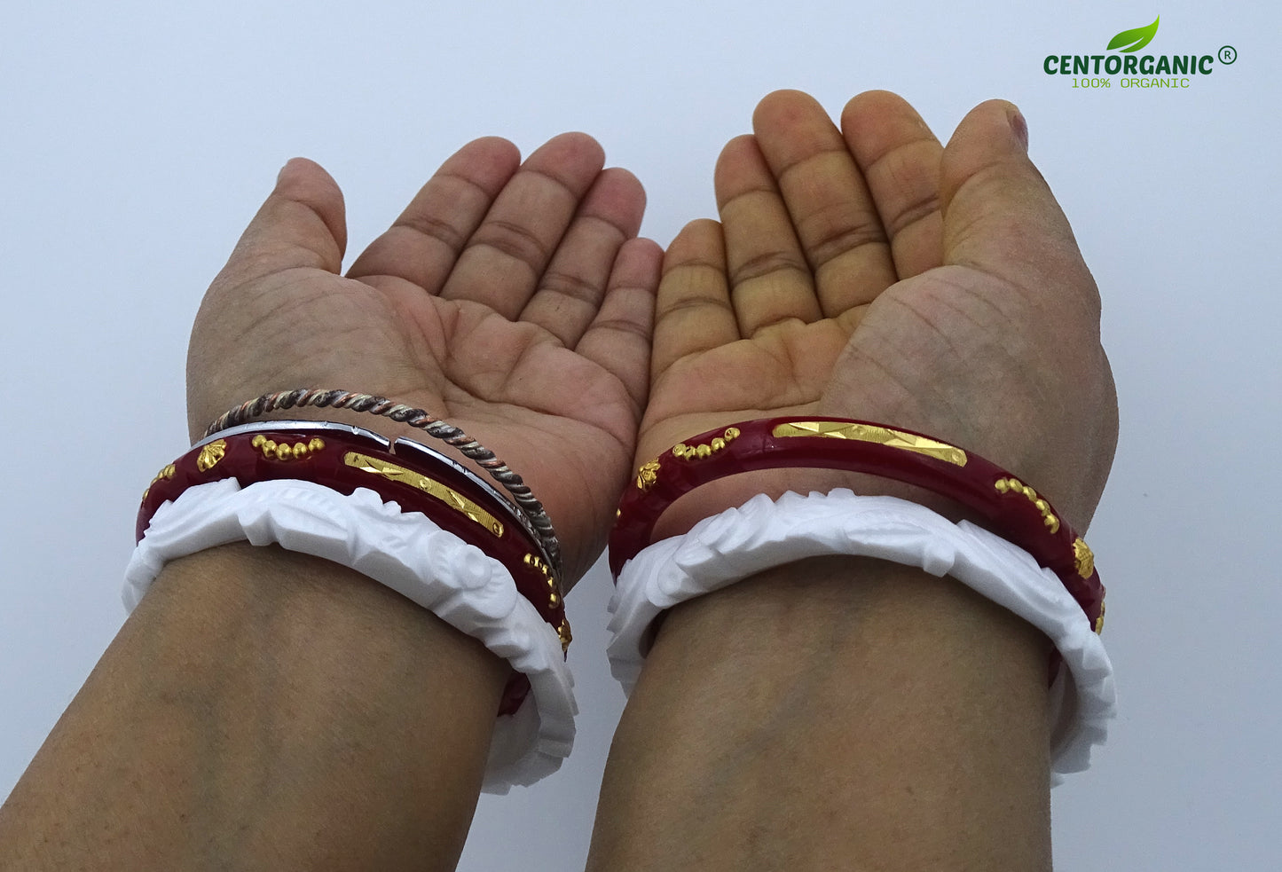 Centorganic sakha pola bangles for women, one pair each of sakha, red pola and iron noa, with free wooden jewellery box. (Design code: CSBM36)