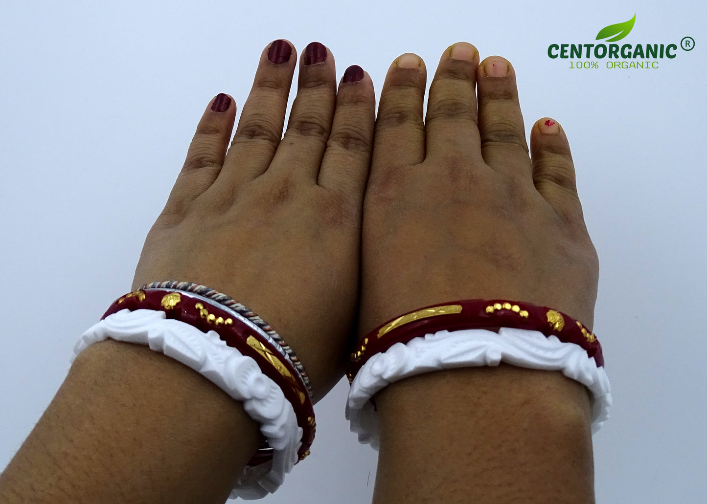 Centorganic sakha pola bangles for women, one pair each of sakha, red pola and iron noa, with free wooden jewellery box. (Design code: CSBM36)