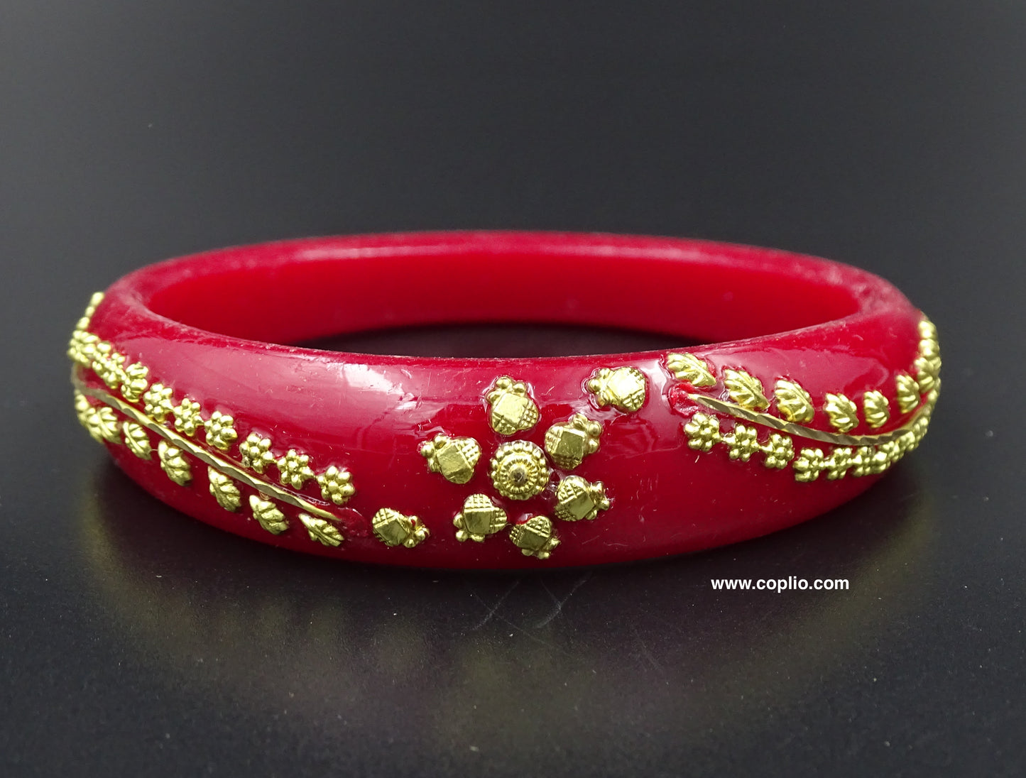 Gold Plated Floral Design Dark Red Pola Thick Bangle. ( One Bangle)