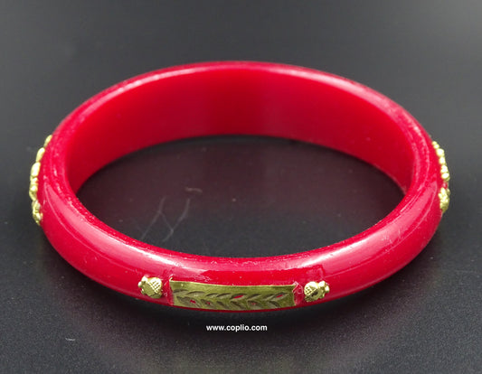 Gold Plated Floral Design Dark Red Pola Thick Bangle. ( One Bangle)