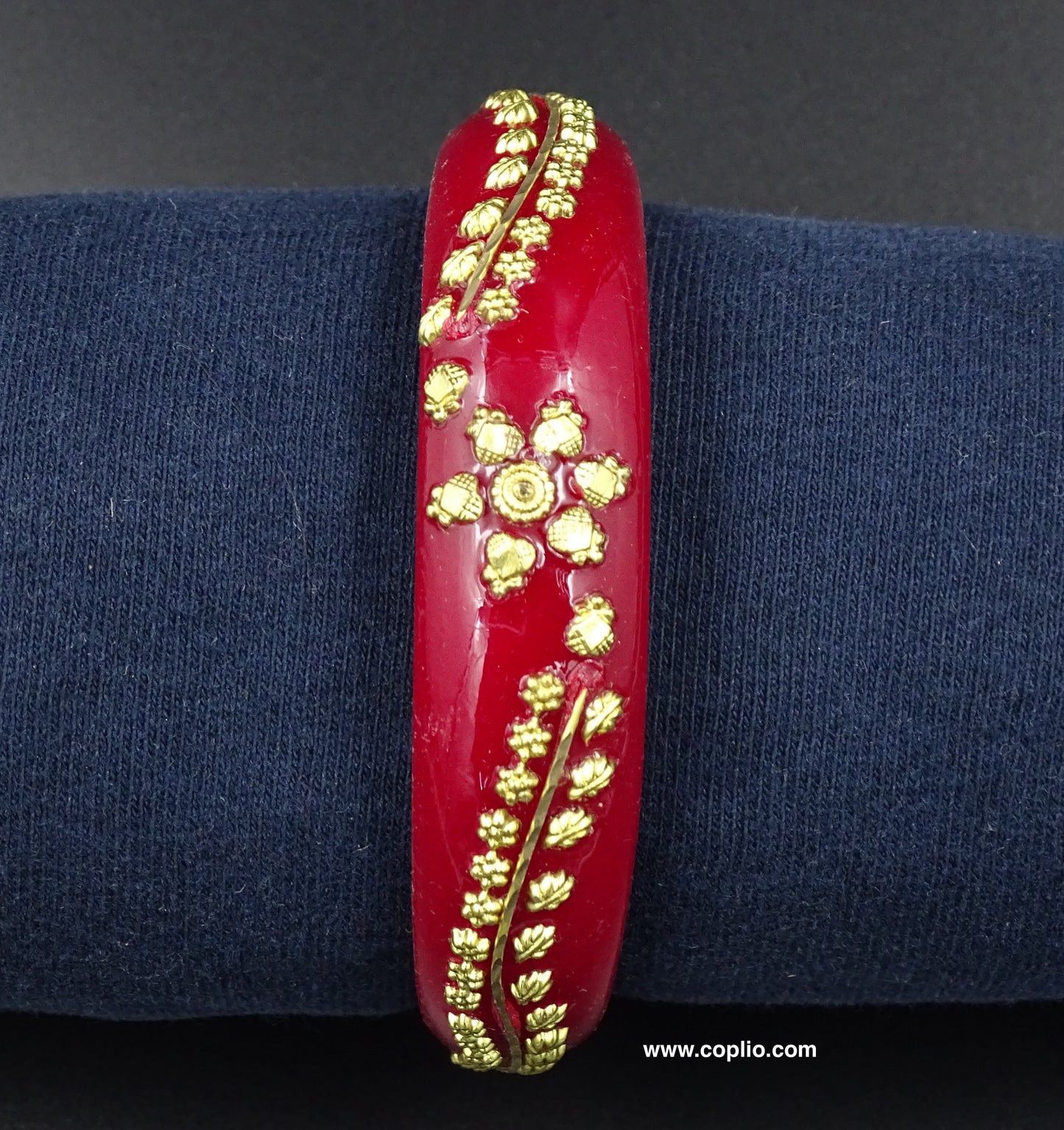 Gold Plated Floral Design Dark Red Pola Thick Bangle. ( One Bangle)