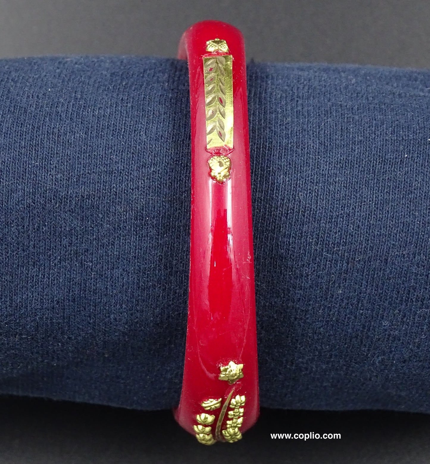Gold Plated Floral Design Dark Red Pola Thick Bangle. ( One Bangle)