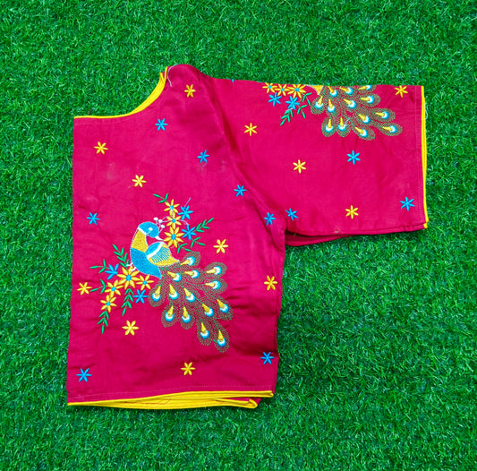 XYZ Earth Fashion Embroidery stitched silk blouse, Peacock design, Dark Pink Colour