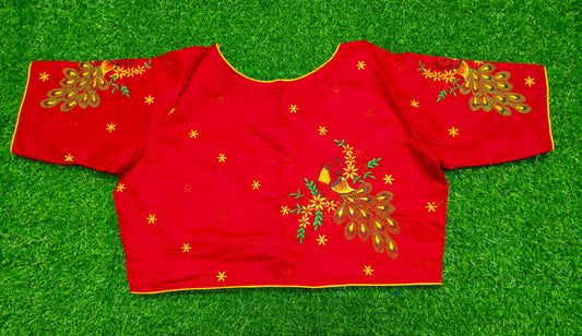 XYZ Earth Fashion Embroidery stitched silk blouse, Peacock design, Red Colour