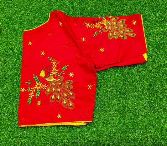 XYZ Earth Fashion Embroidery stitched silk blouse, Peacock design, Red Colour