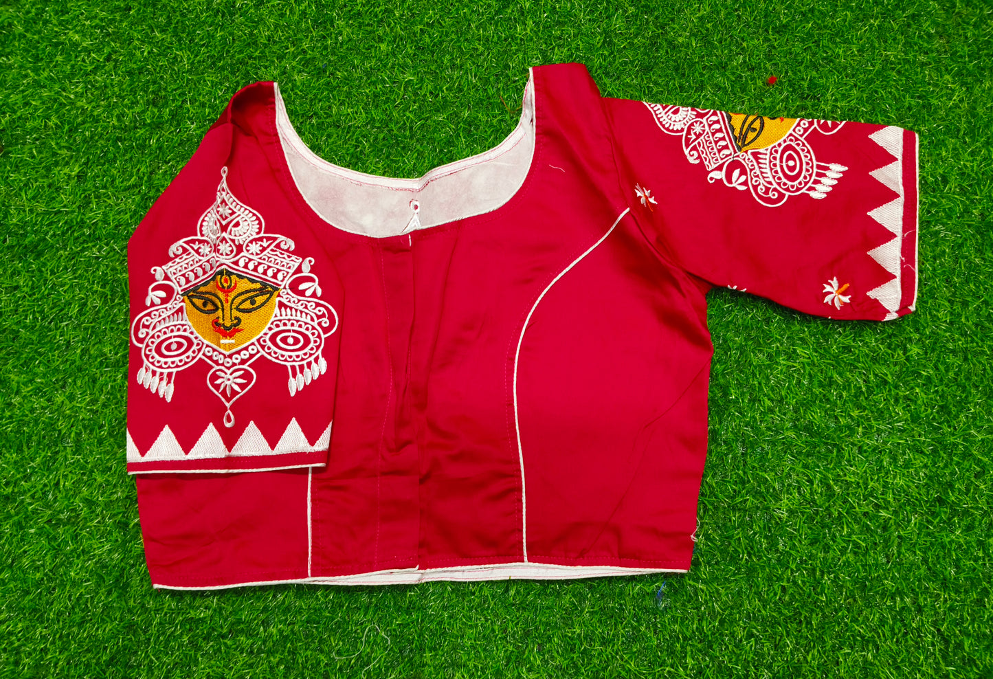 XYZ Earth Fashion Embroidery stitched silk blouse, Durga Face with shiuli phool design, Dark Pink Colour.