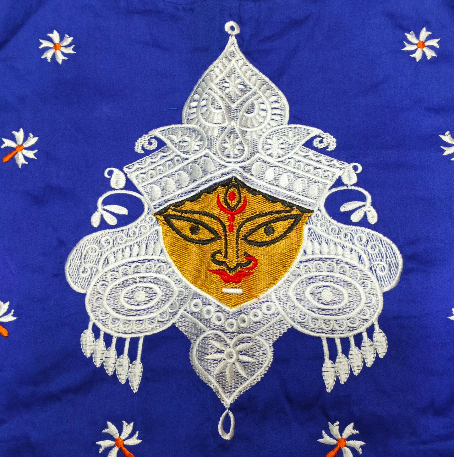 XYZ Earth Fashion Embroidery stitched silk blouse, Durga Face with shiuli phool design, Royal Blue colour.