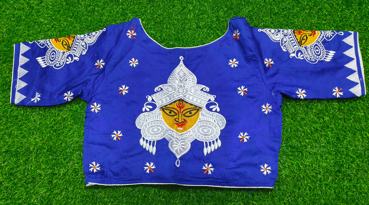 XYZ Earth Fashion Embroidery stitched silk blouse, Durga Face with shiuli phool design, Royal Blue colour.