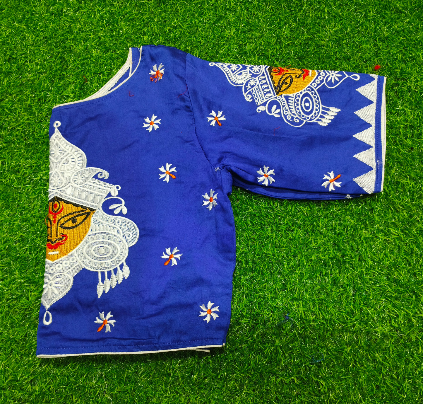 XYZ Earth Fashion Embroidery stitched silk blouse, Durga Face with shiuli phool design, Royal Blue colour.