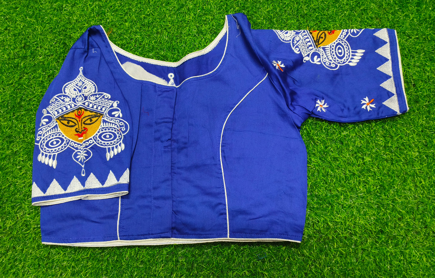 XYZ Earth Fashion Embroidery stitched silk blouse, Durga Face with shiuli phool design, Royal Blue colour.