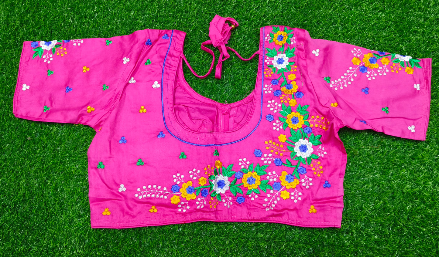 XYZ Earth Fashion Embroidery stitched silk blouse, Flower Chain Design, Pink Colour