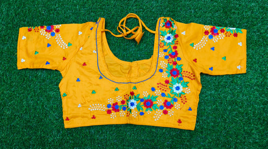 XYZ Earth Fashion Embroidery stitched silk blouse, Flower Chain Design, Yellow Colour