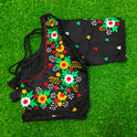 XYZ Earth Fashion Embroidery stitched silk blouse, Flower Chain Design, Black Colour