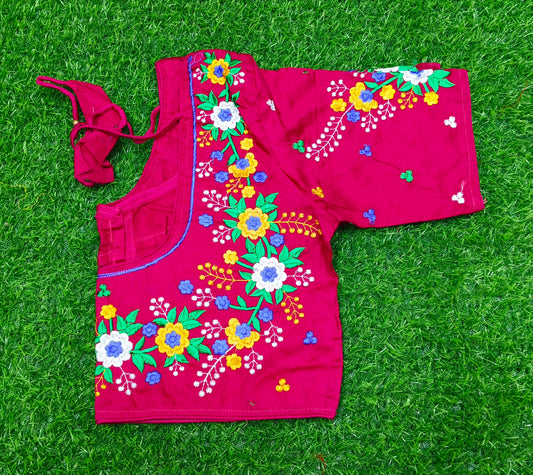 XYZ Earth Fashion Embroidery stitched silk blouse, Flower Chain Design, Magenta Colour